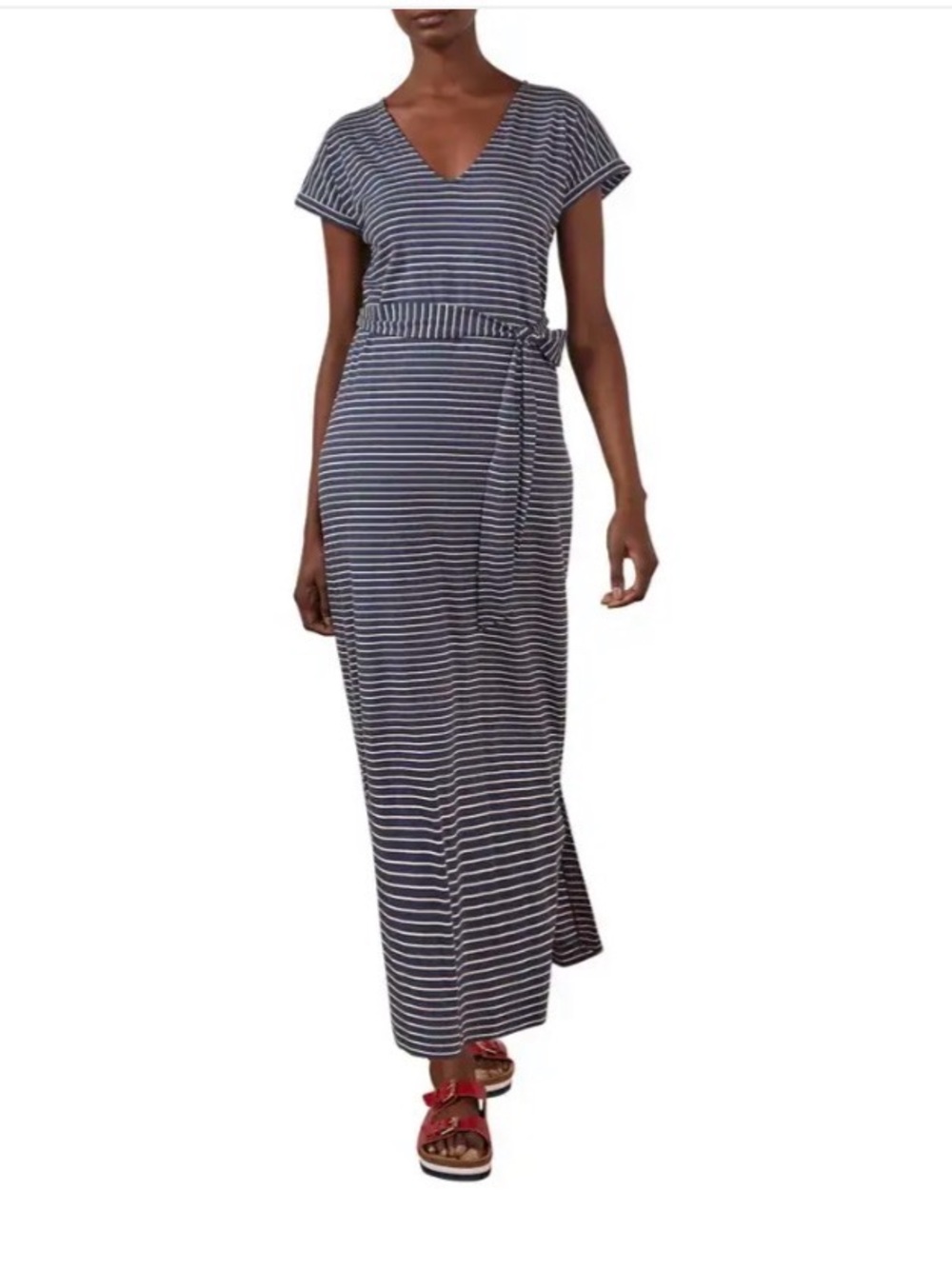 BODEN Cotton Modal Blue White Jersey Stripe Maxi Dress Nautical Beach US 12R
